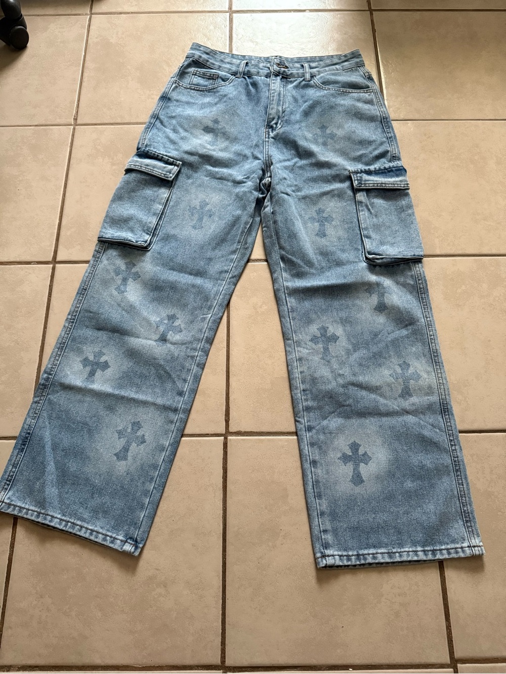 Light Blue Denim Cargo Jeans with Cross Print